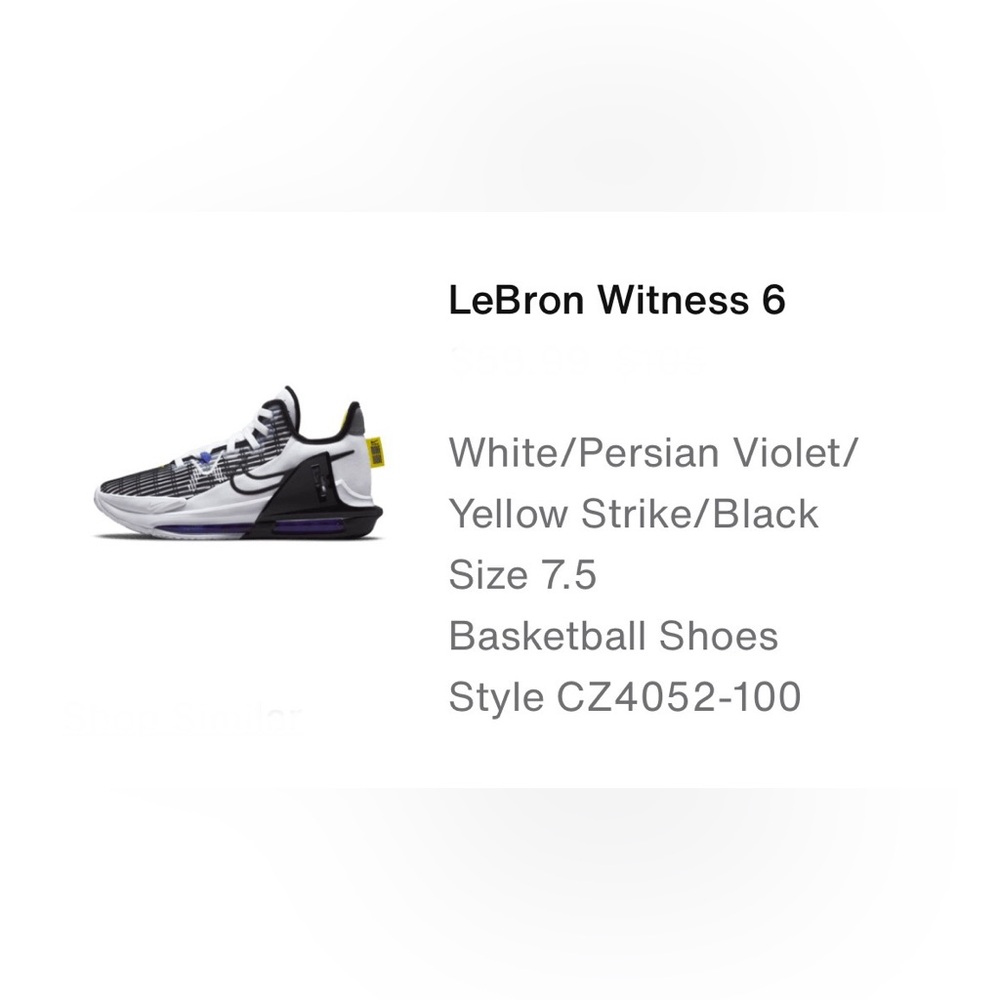 Nike LeBron witness 6 basketball shoes.  Men’s size 7.5.  Only wear is by laces.